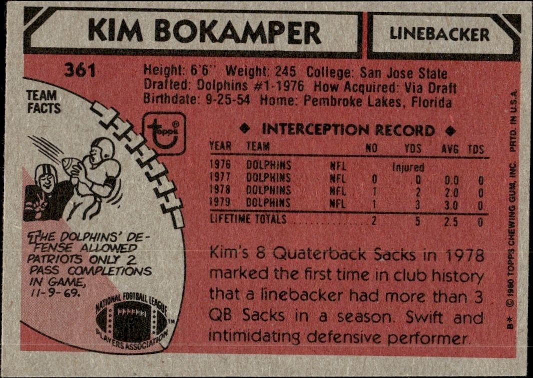 1980 Topps Kim Bokamper #361 football trading card back