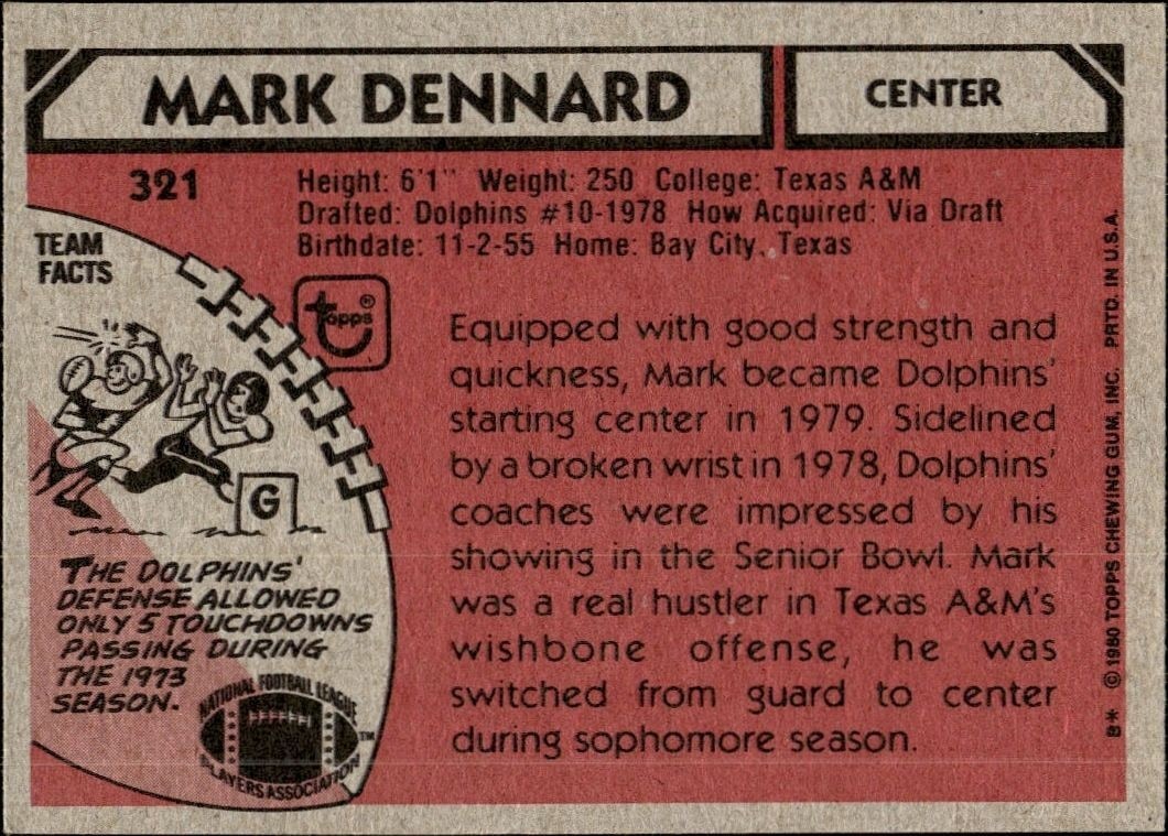 1980 Topps Mark Dennard #321 football trading card back