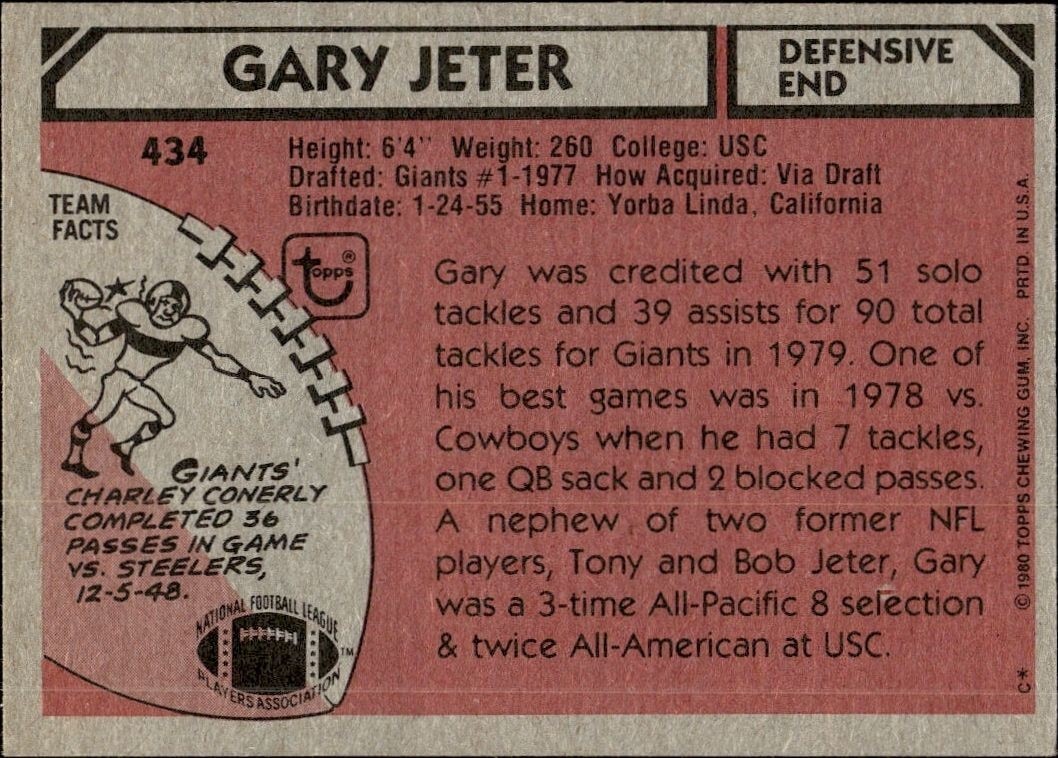 1980 Topps Gary Jeter #434 football trading card back
