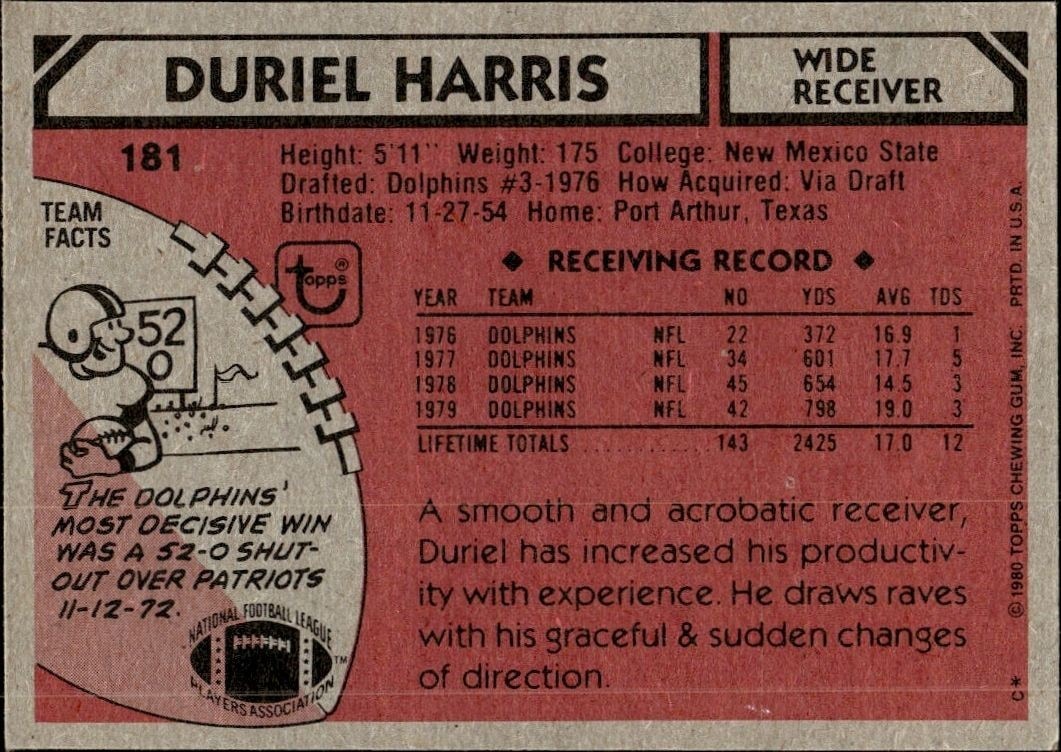 1980 Topps Duriel Harris #181 football trading card back