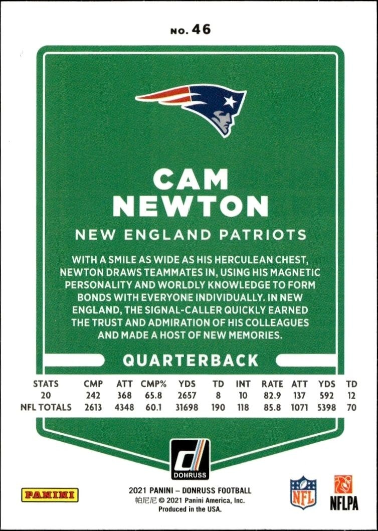 2021 Panini Donruss Cam Newton #46 football trading card back