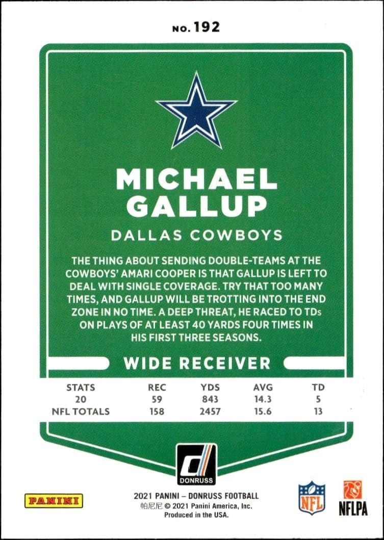 2021 Panini Donruss Michael Gallup #192 football trading card back