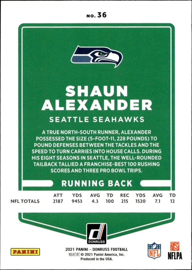 2021 Panini Donruss Shaun Alexander #36 football trading card back