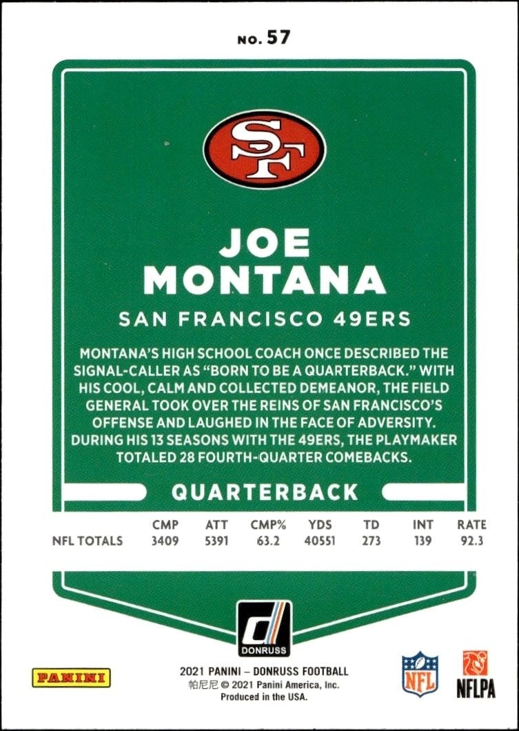 2021 Panini Donruss Joe Montana #57 football trading card back