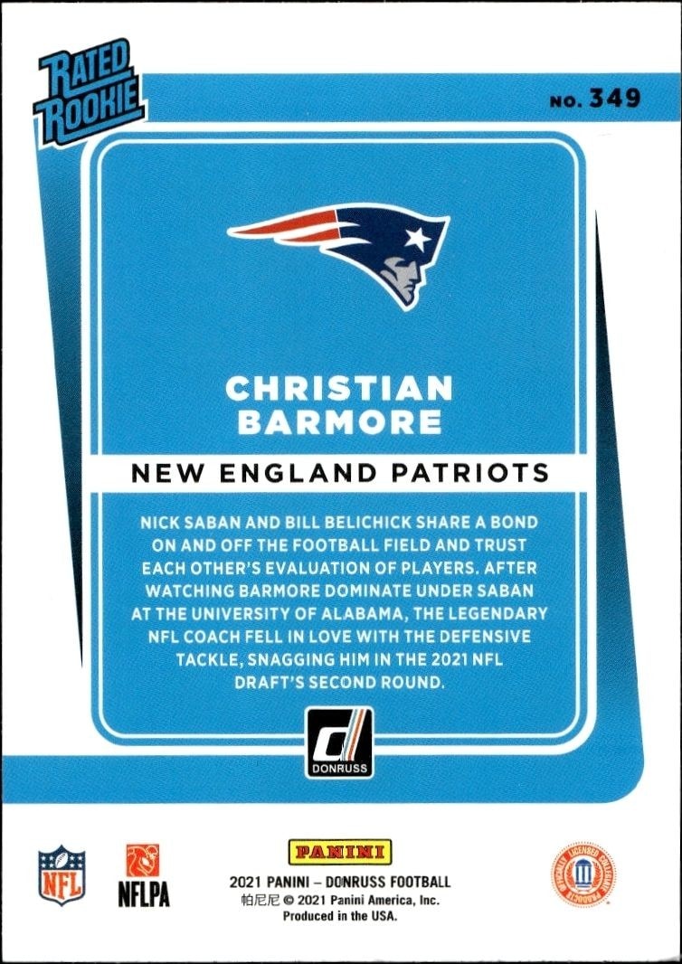 2021 Panini Donruss Christian Barmore #349 football trading card back
