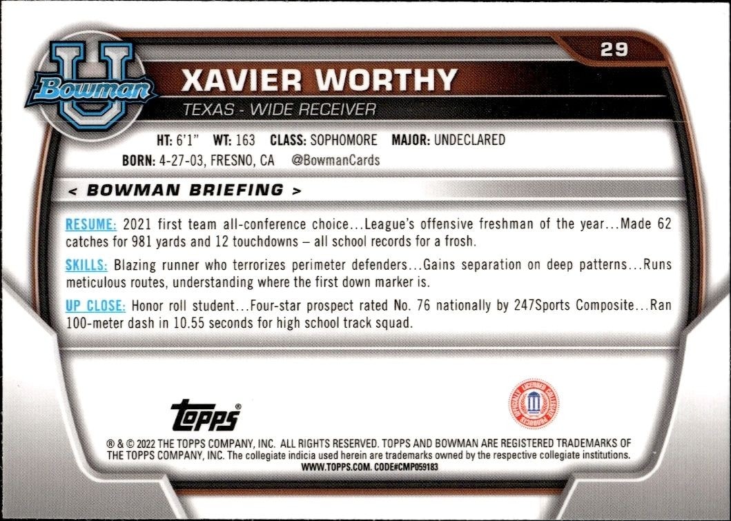 2022 Bowman University Chrome Xavier Worthy #29 football trading card back