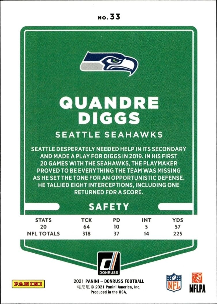 2021 Donruss Blue Quandre Diggs #33 football trading card back