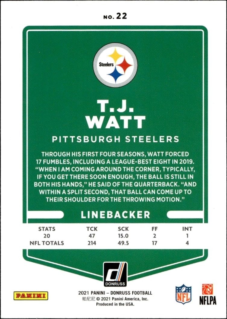 2021 Donruss Blue T.J. Watt #22 football trading card back