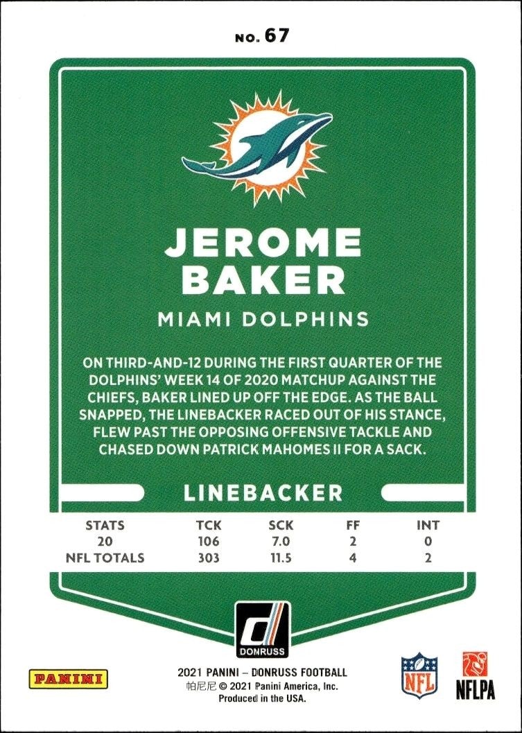 2021 Donruss Blue Jerome Baker #67 football trading card back