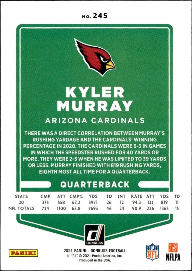 2021 Donruss Blue Kyler Murray #245 football trading card back