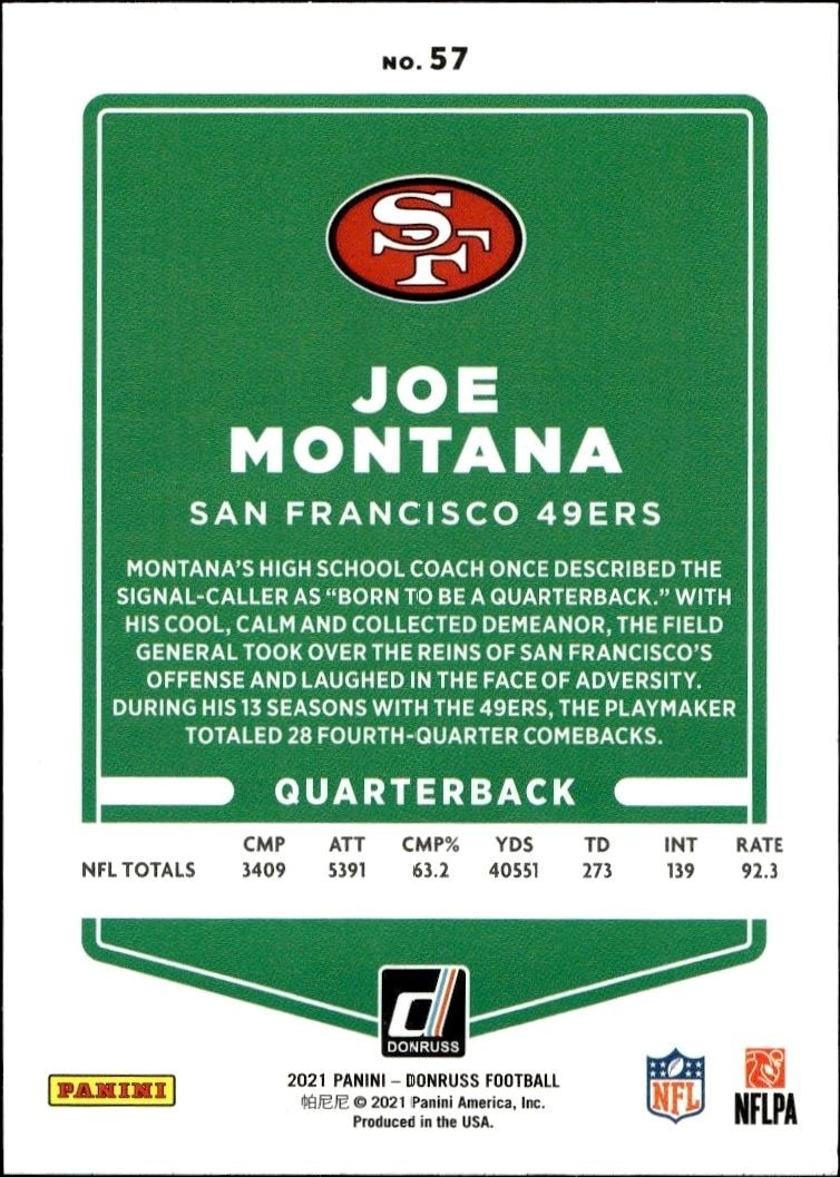 2021 Donruss Blue Joe Montana #57 football trading card back