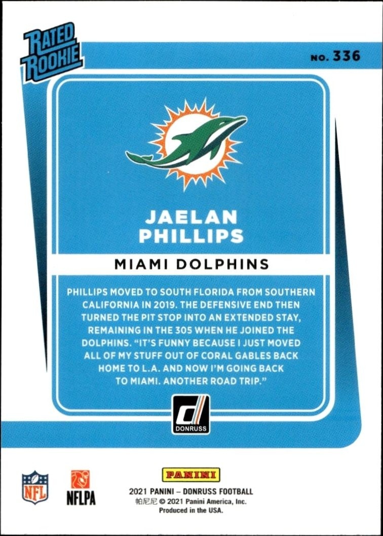 2021 Donruss Blue Jaelan Phillips #336 football trading card back
