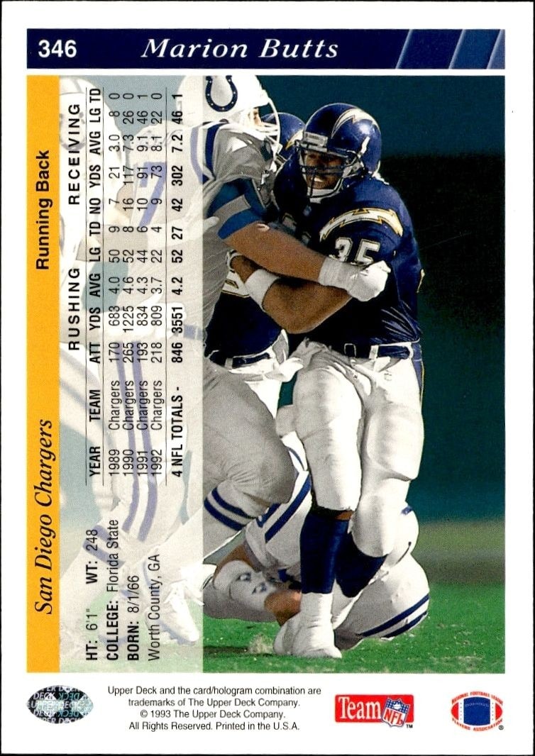 1993 Upper Deck Marion Butts #346 football trading card back