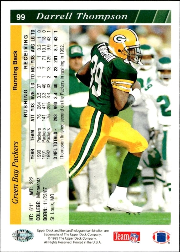 1993 Upper Deck Darrell Thompson #99 football trading card back