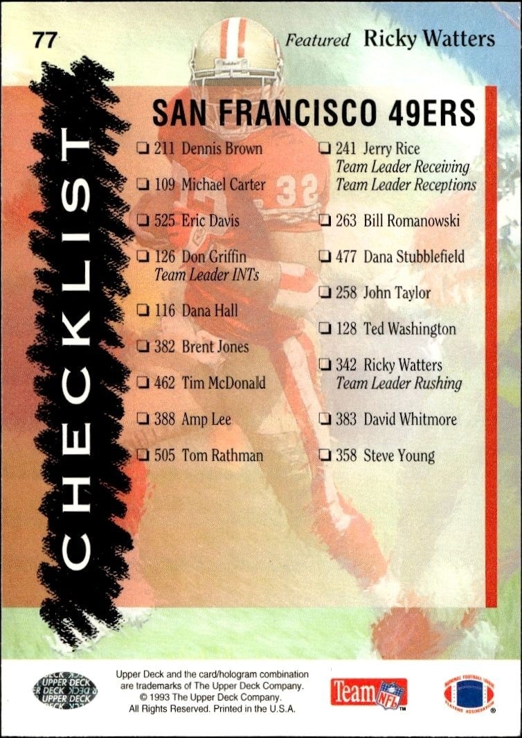 1993 Upper Deck Checklist #77 football trading card back