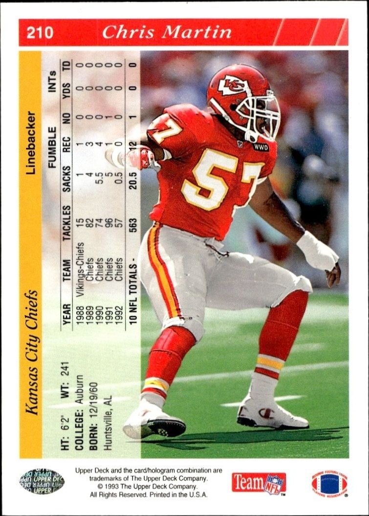 1993 Upper Deck Chris Martin #210 football trading card back