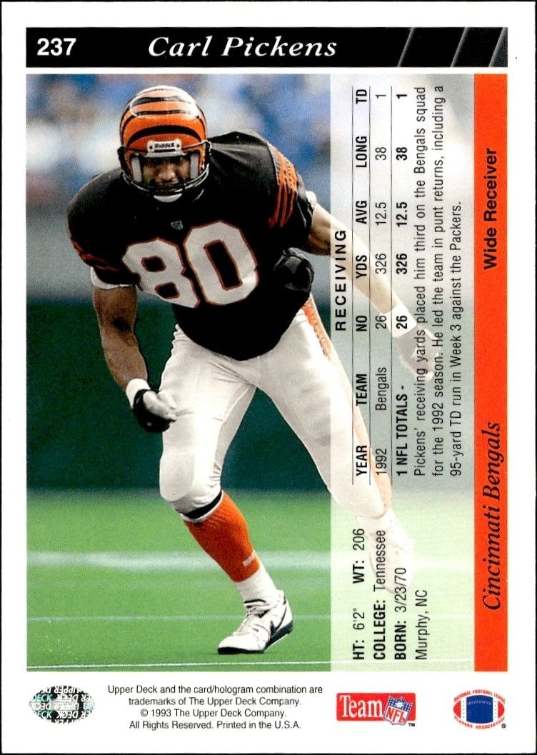 1993 Upper Deck Carl Pickens #237 football trading card back