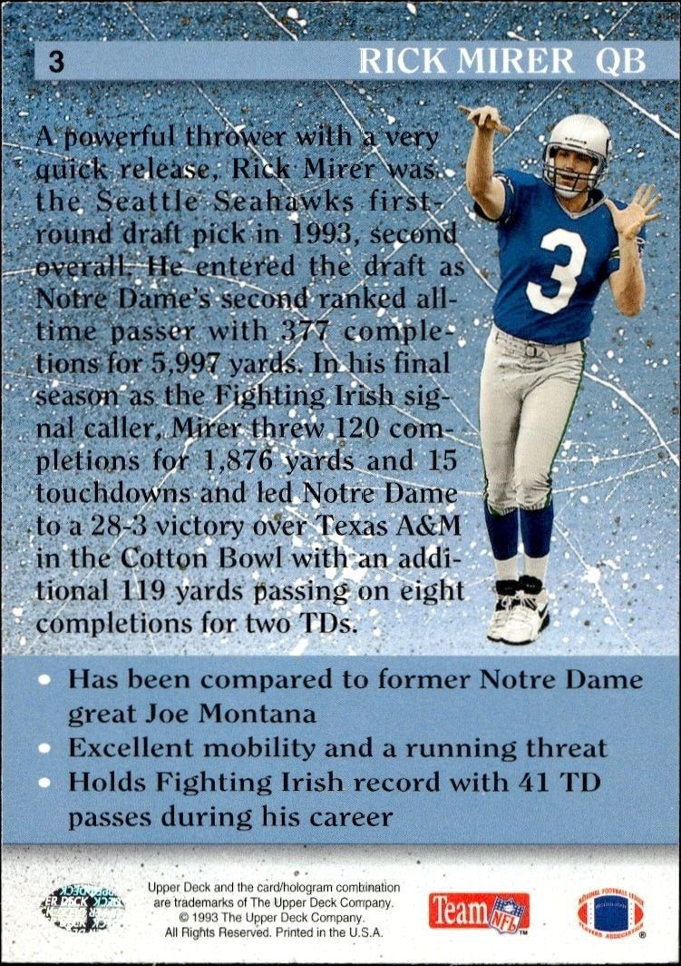 1993 Upper Deck Rick Mirer #3 football trading card back