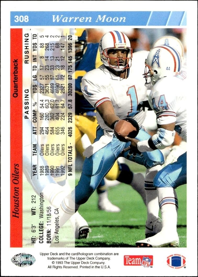 1993 Upper Deck Warren Moon #308 football trading card back