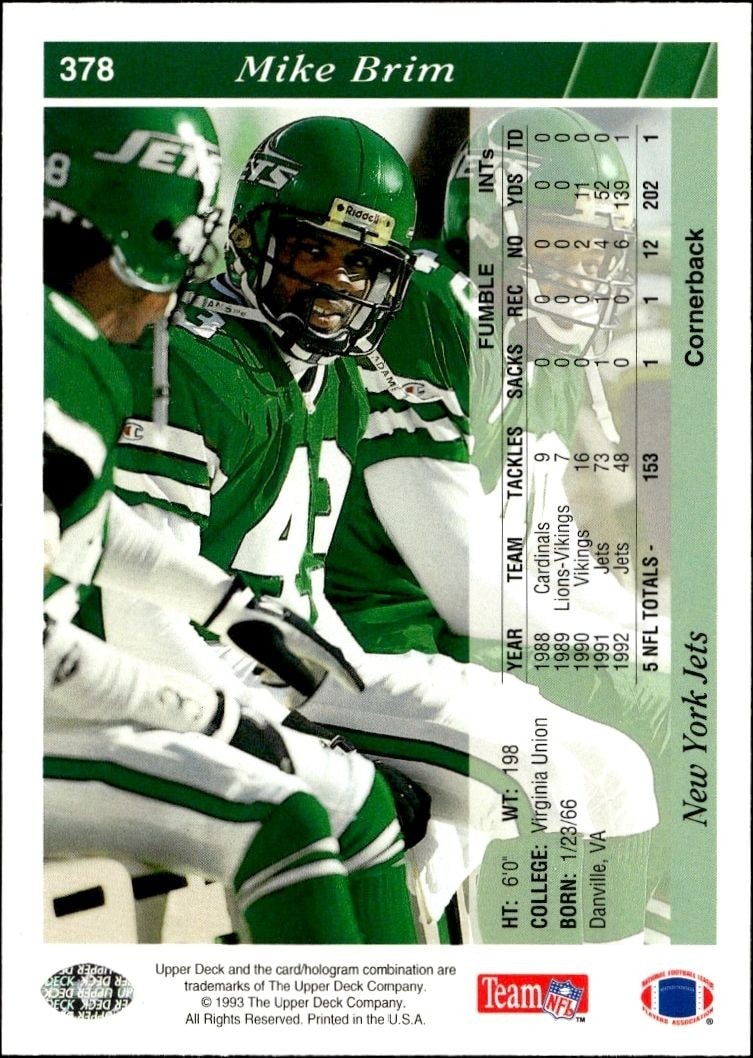 1993 Upper Deck Mike Brim #378 football trading card back