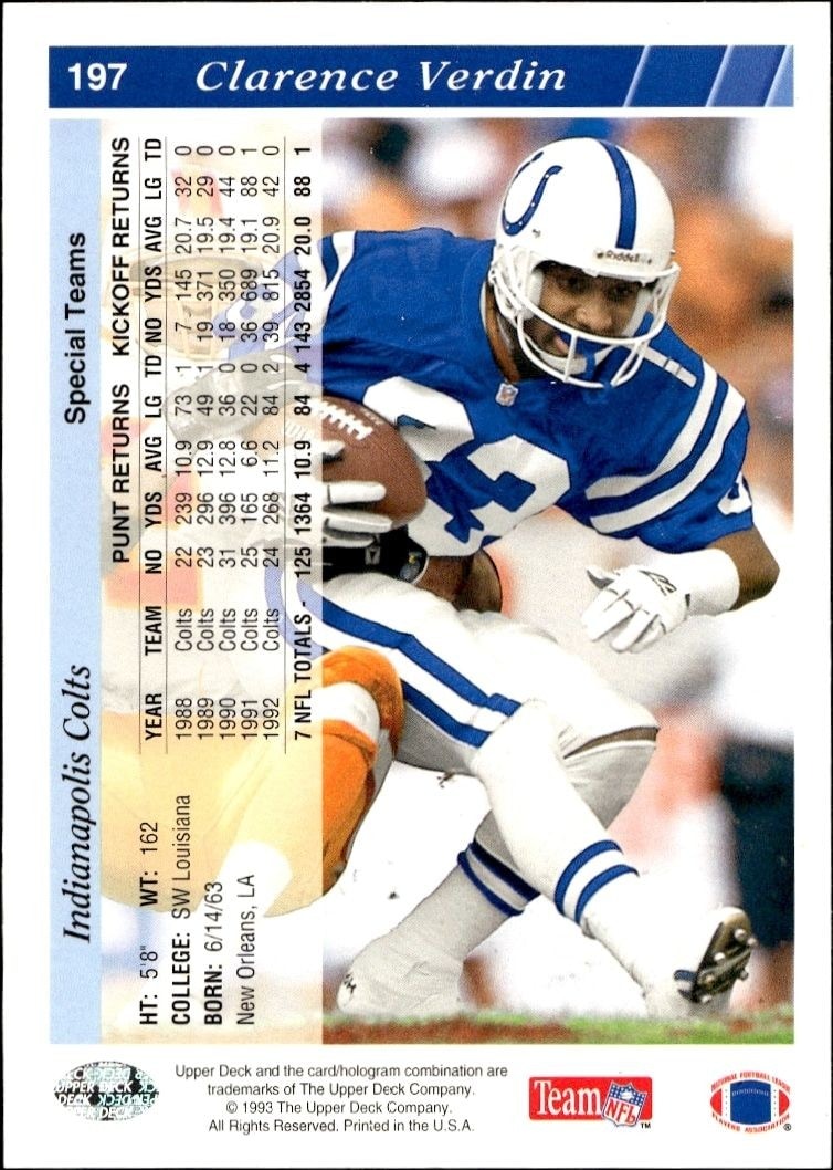 1993 Upper Deck Clarence Verdin #197 football trading card back