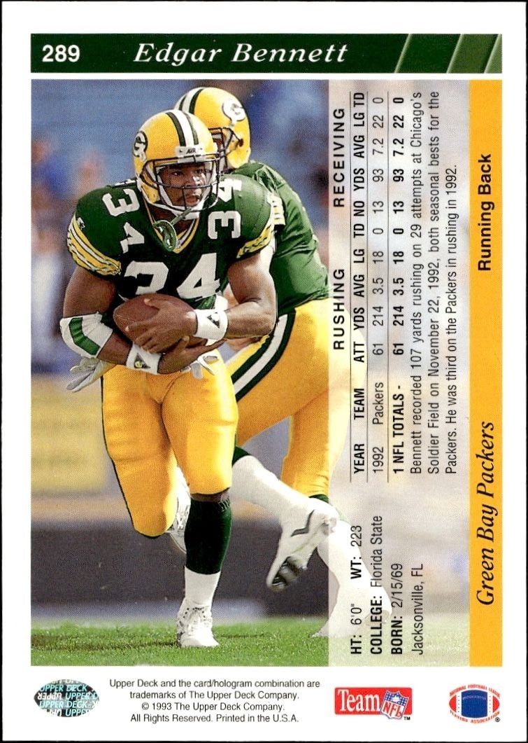 1993 Upper Deck Edgar Bennett #289 football trading card back