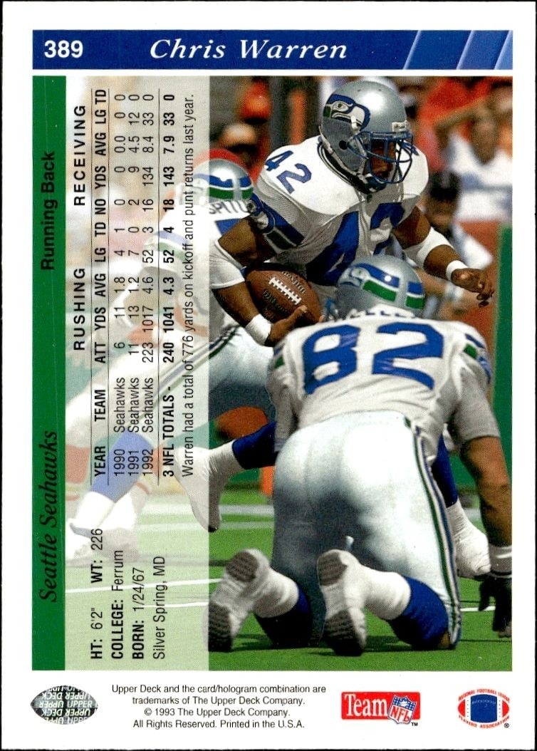 1993 Upper Deck Chris Warren #389 football trading card back