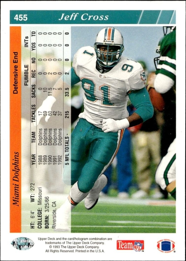 1993 Upper Deck Jeff Cross #455 football trading card back