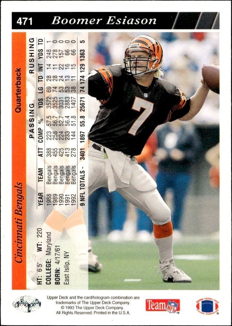1993 Upper Deck Boomer Esiason #471 football trading card back