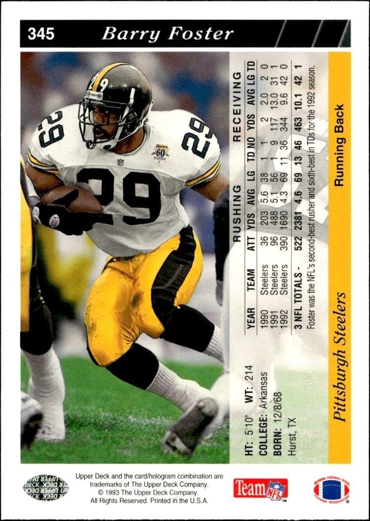 1993 Upper Deck Barry Foster #345 football trading card back