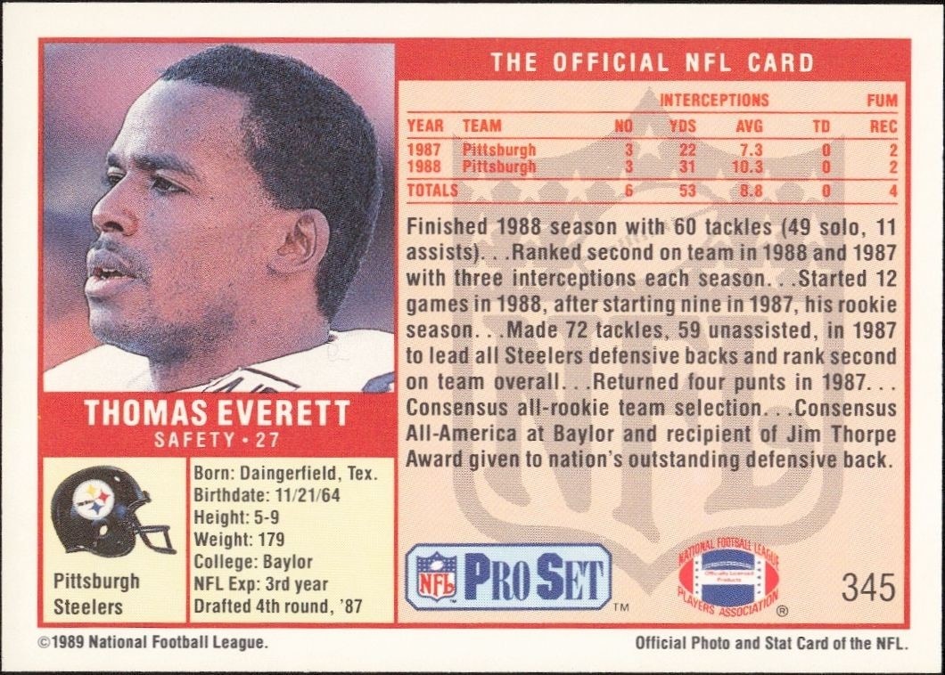 1989 Pro Set Thomas Everett #345 football trading card back