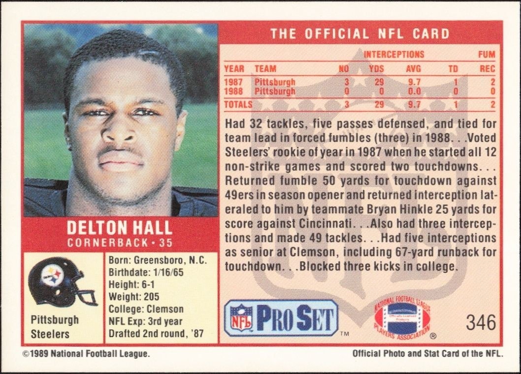 1989 Pro Set Delton Hall #346 football trading card back