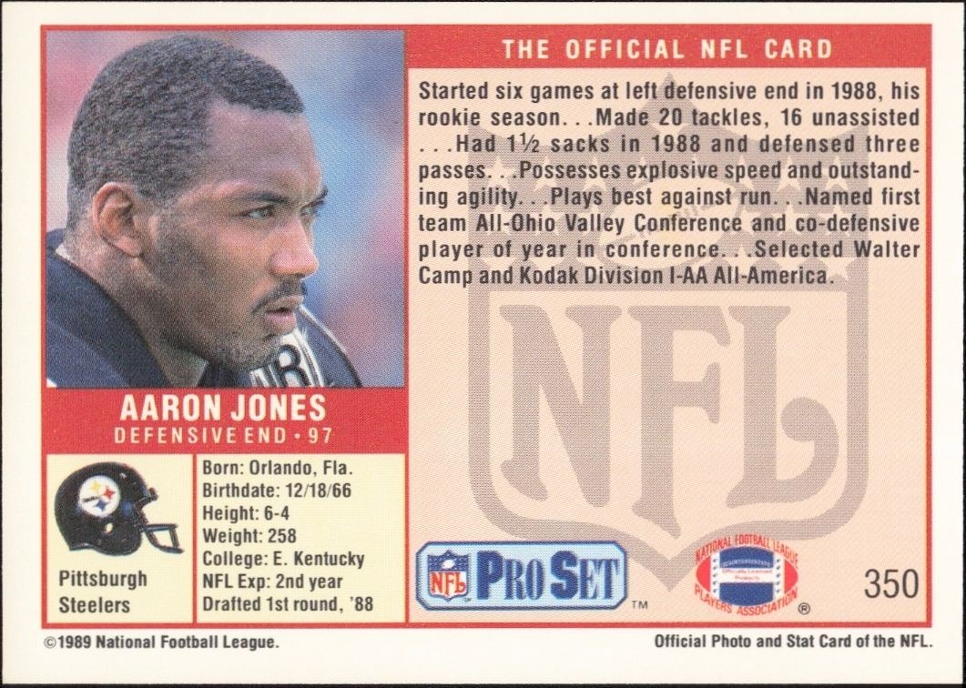 1989 Pro Set Aaron Jones #350 football trading card back