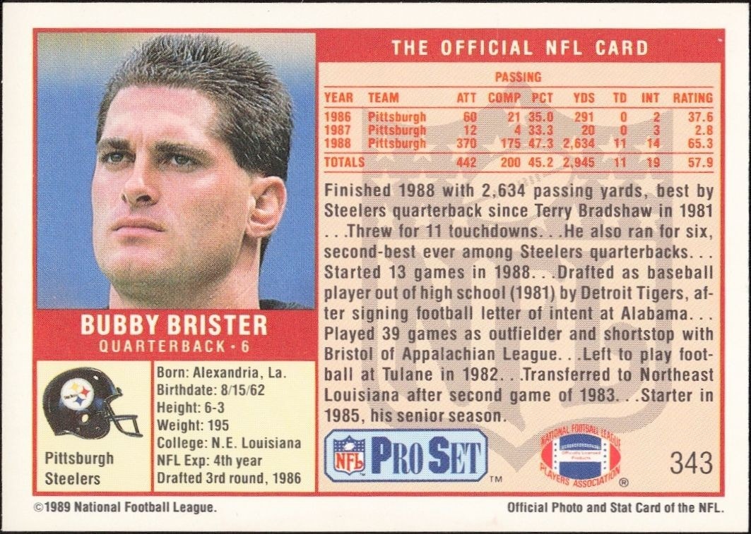 1989 Pro Set Bubby Brister #343 football trading card back