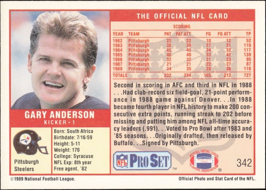 1989 Pro Set Gary Anderson #342 football trading card back