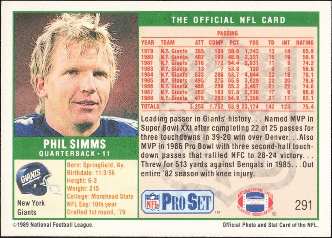 1989 Pro Set Phil Simms #291 football trading card back