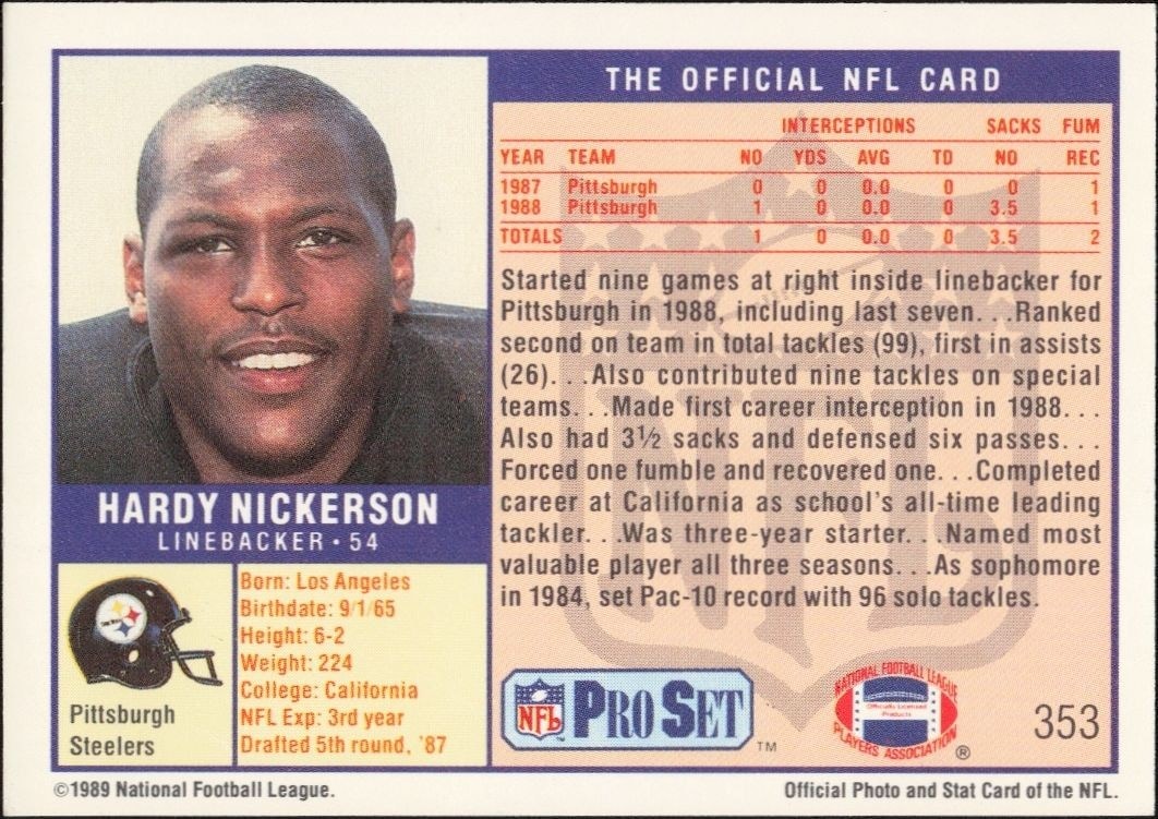 1989 Pro Set Hardy Nickerson #353 football trading card back