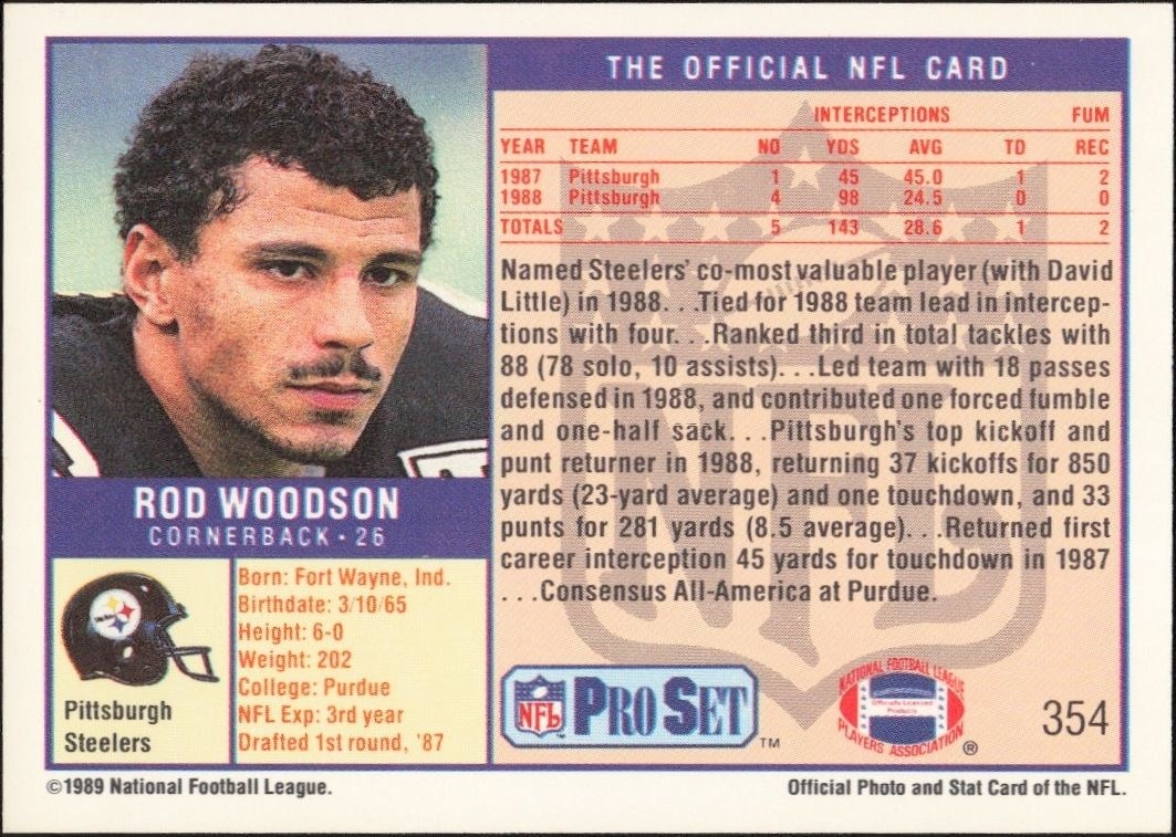 1989 Pro Set Rod Woodson #354 football trading card back