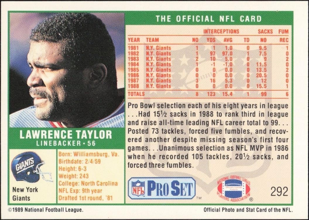 1989 Pro Set Lawrence Taylor #292 football trading card back