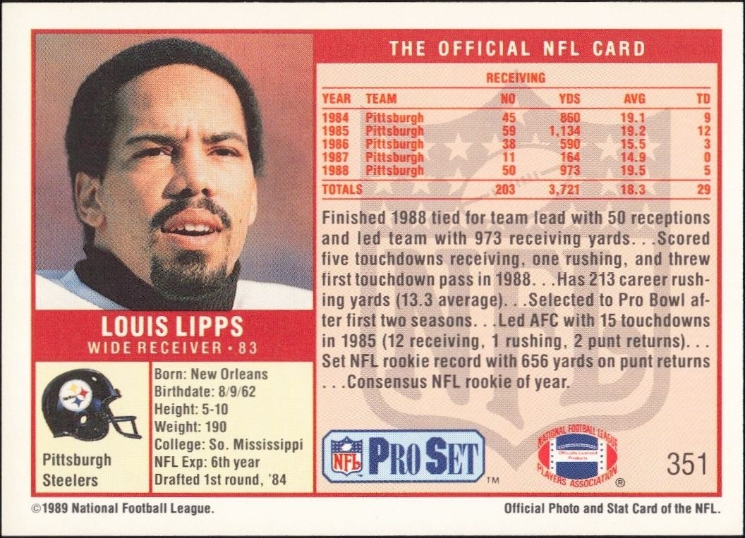 1989 Pro Set Louis Lipps #351 football trading card back