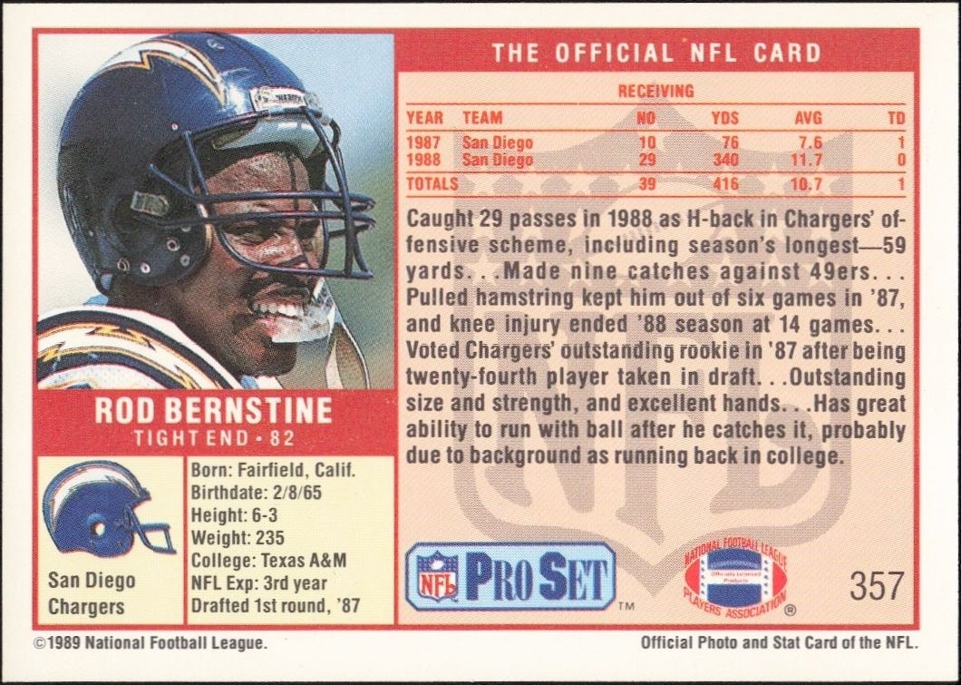 1989 Pro Set Rod Bernstine #357 football trading card back