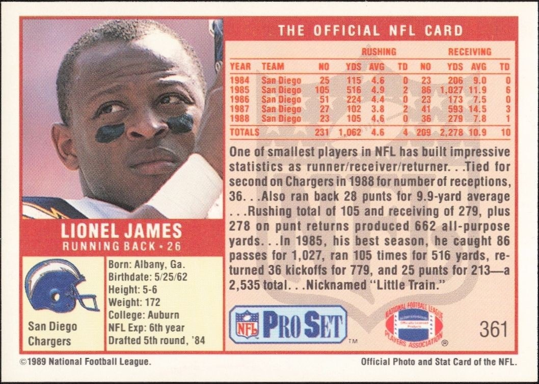 1989 Pro Set Lionel James #361 football trading card back