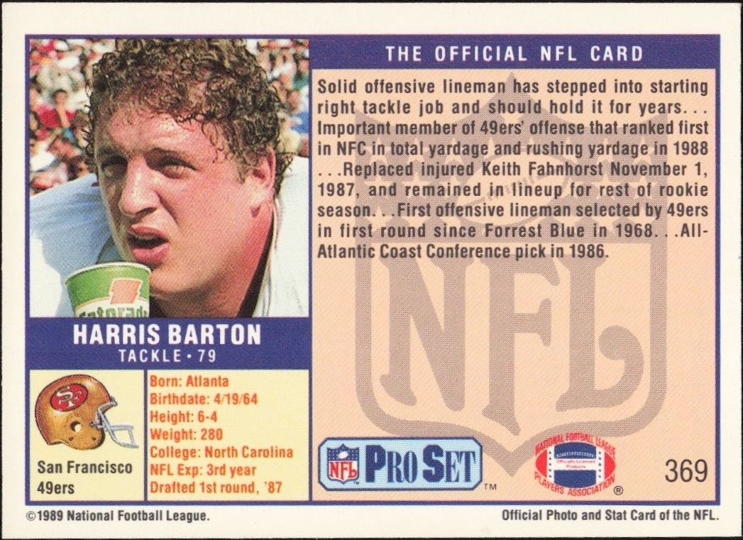 1989 Pro Set Harris Barton #369 football trading card back