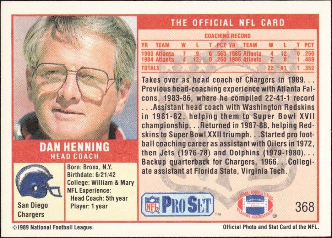 1989 Pro Set Dan Henning #368 football trading card back