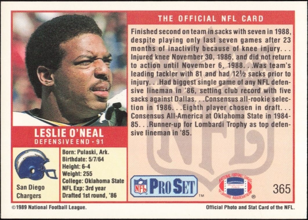 1989 Pro Set Leslie O'Neal #365 football trading card back
