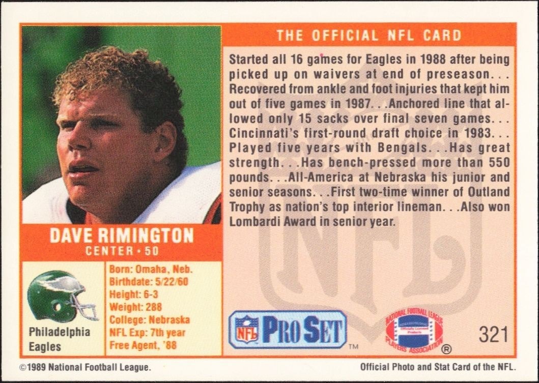 1989 Pro Set Dave Rimington #321 football trading card back
