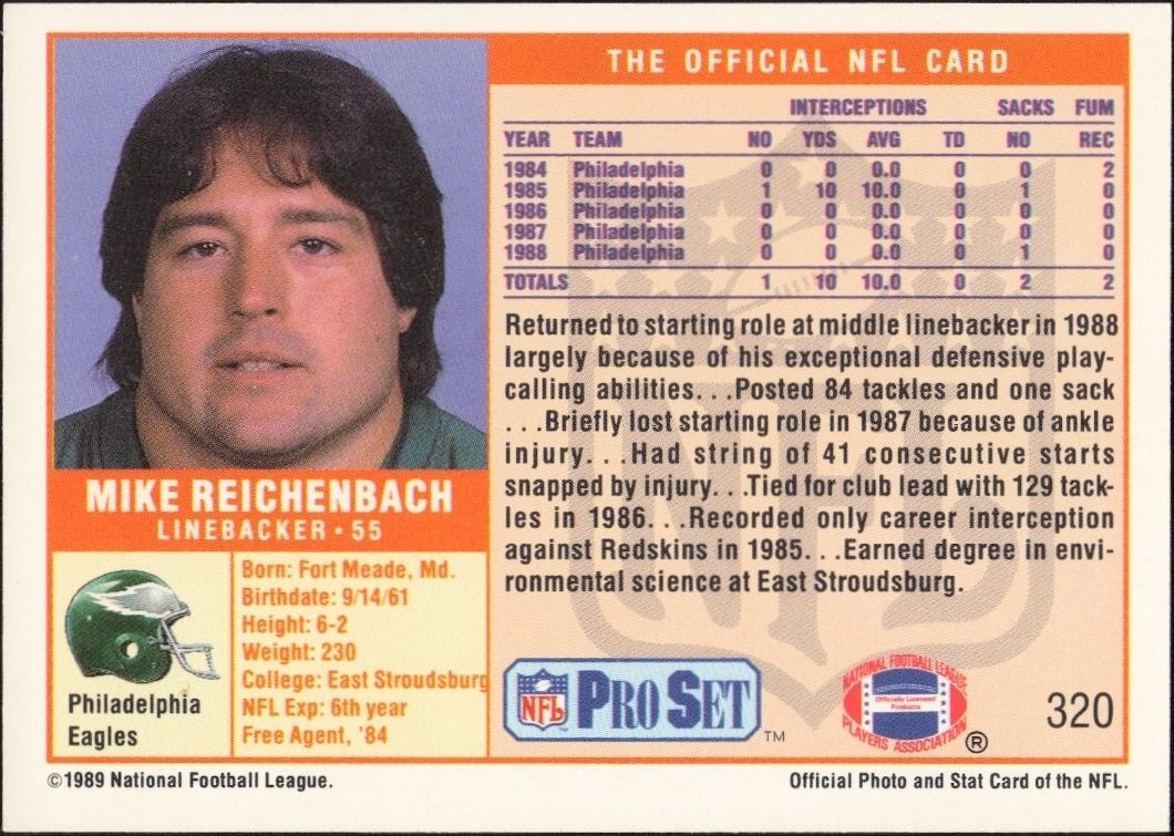 1989 Pro Set Mike Reichenbach #320 football trading card back