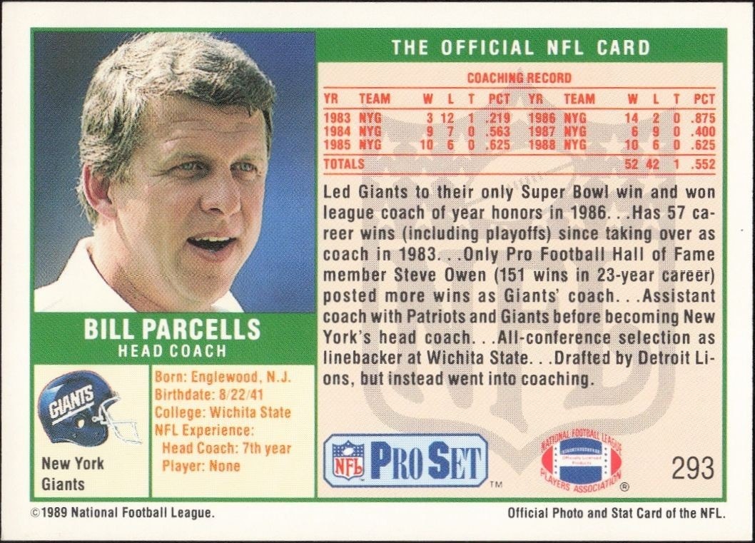 1989 Pro Set Bill Parcells #293 football trading card back