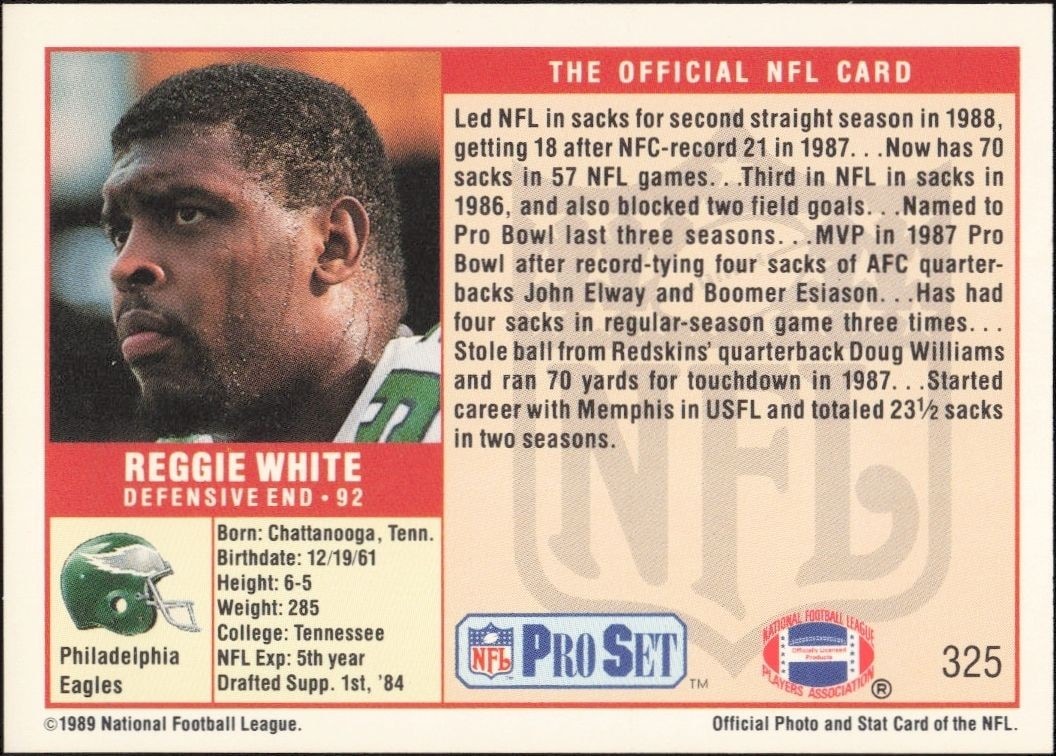 1989 Pro Set Reggie White #325 football trading card back