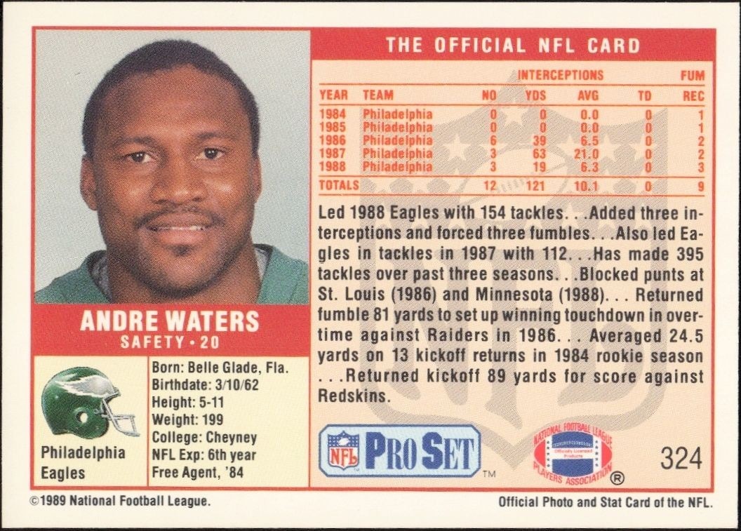 1989 Pro Set Andre Waters #324 football trading card back